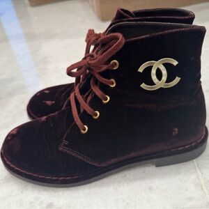 CHANEL Deep Red Velvet Lace-Up Boots